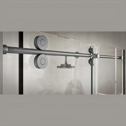 CRE78BS: Crescent brushed stainless top-rolling sliding shower door system, 78" header, one sliding door and fixed panel
