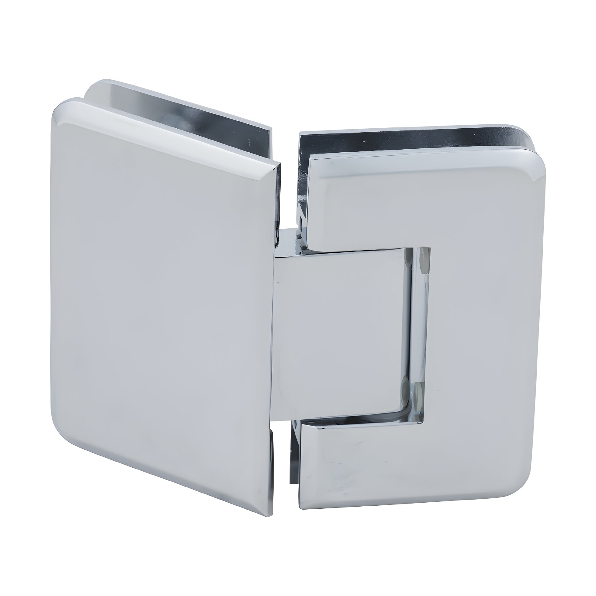 P1N045CH Pinnacle polished-chrome glass-to-glass shower hinge, solid brass, beveled edges, 135 self-centering pivot