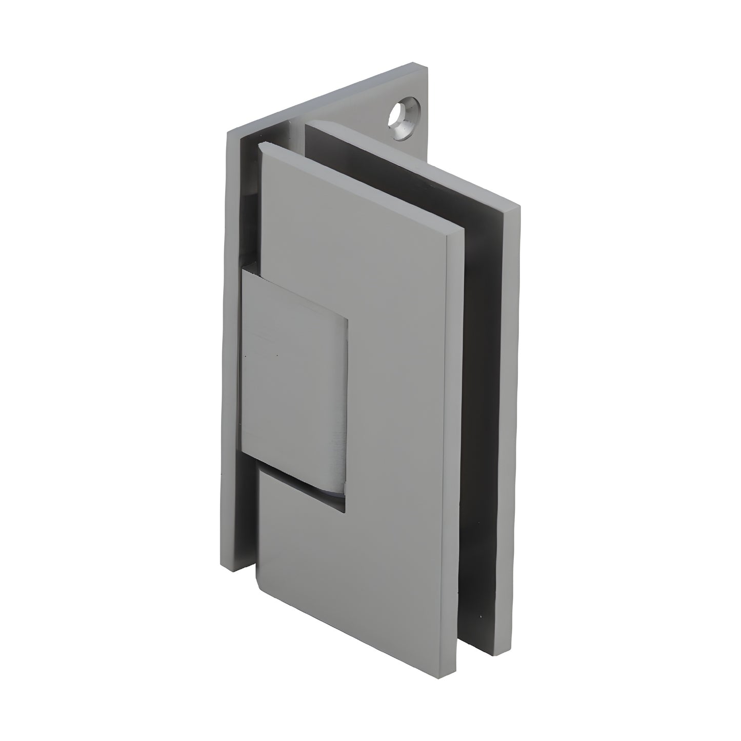 Vienna V1E044BN brushed nickel solid-brass shower door hinge for 3/8-1/2" tempered glass, wall-mount offset.