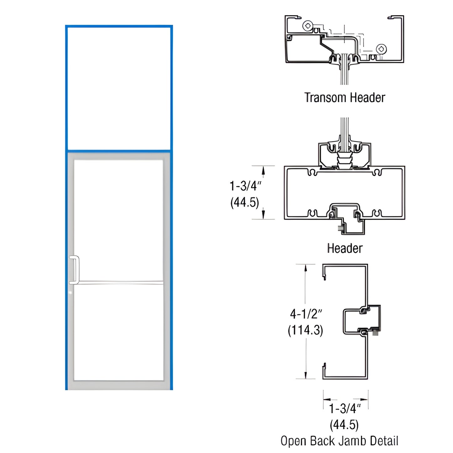 Gear-hinge transom door frame with open-back jamb and aluminum threshold, Custom Kynar finish, 1-3/4" x 4-1/2".