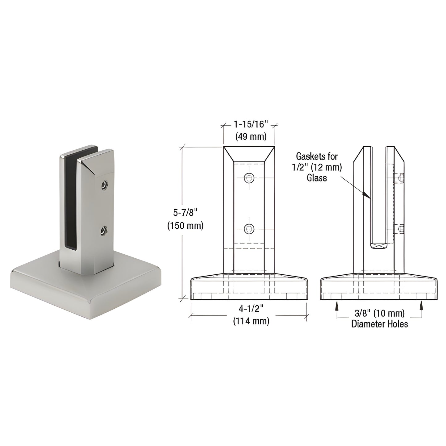 Brushed stainless steel square surface-mount spigot FWCS20BS for 12 mm glass, 4-1/2 in square base.