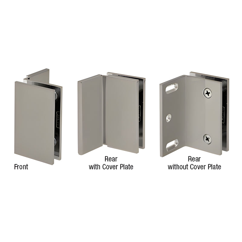ME90SBN Melbourne brushed-nickel square-corner wall-mount glass bracket for 5/16-1/2" (8-12mm) tempered glass, front and rear