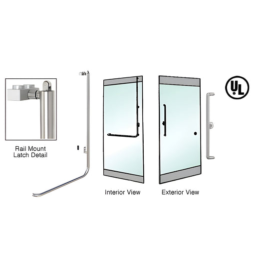 PA100X3RKBS brushed stainless tubular panic handle for 1/2 or 3/4" glass doors, interior rail-mounted latch, UL listed
