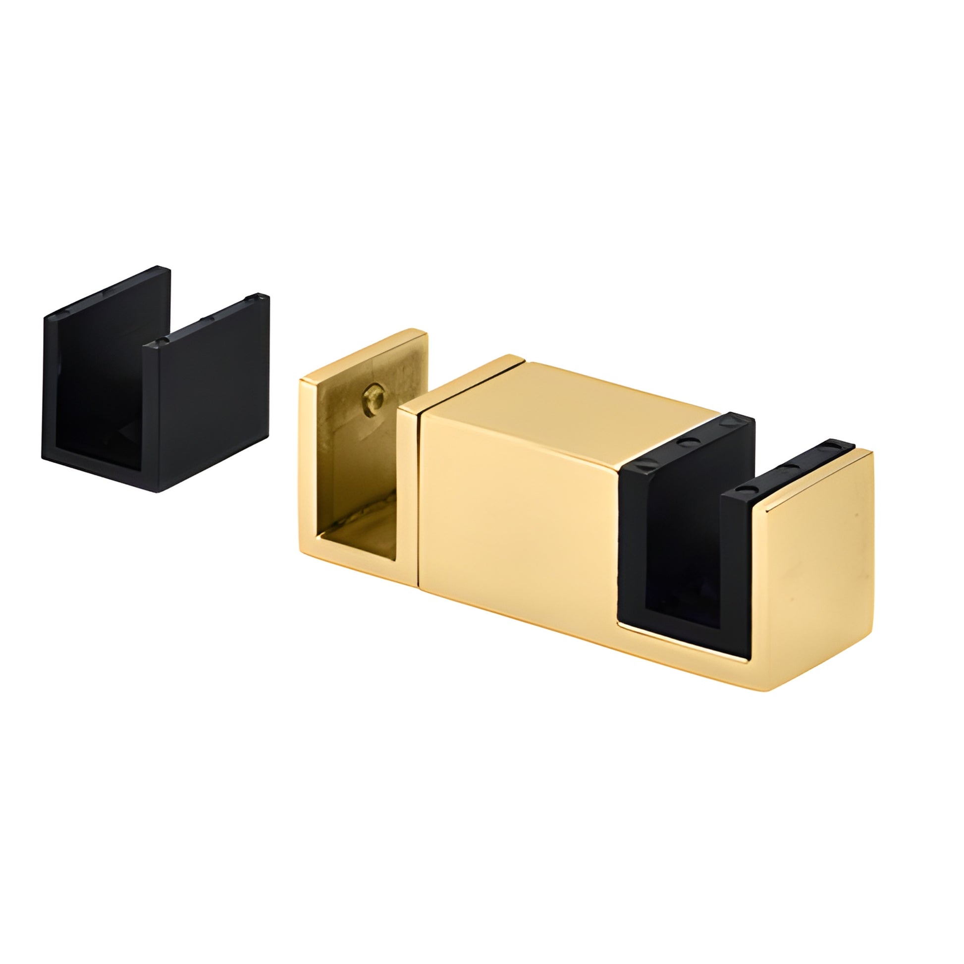 CRE78SB Crescent frameless sliding shower hardware in satin brass - top round rollers and header on clear glass.