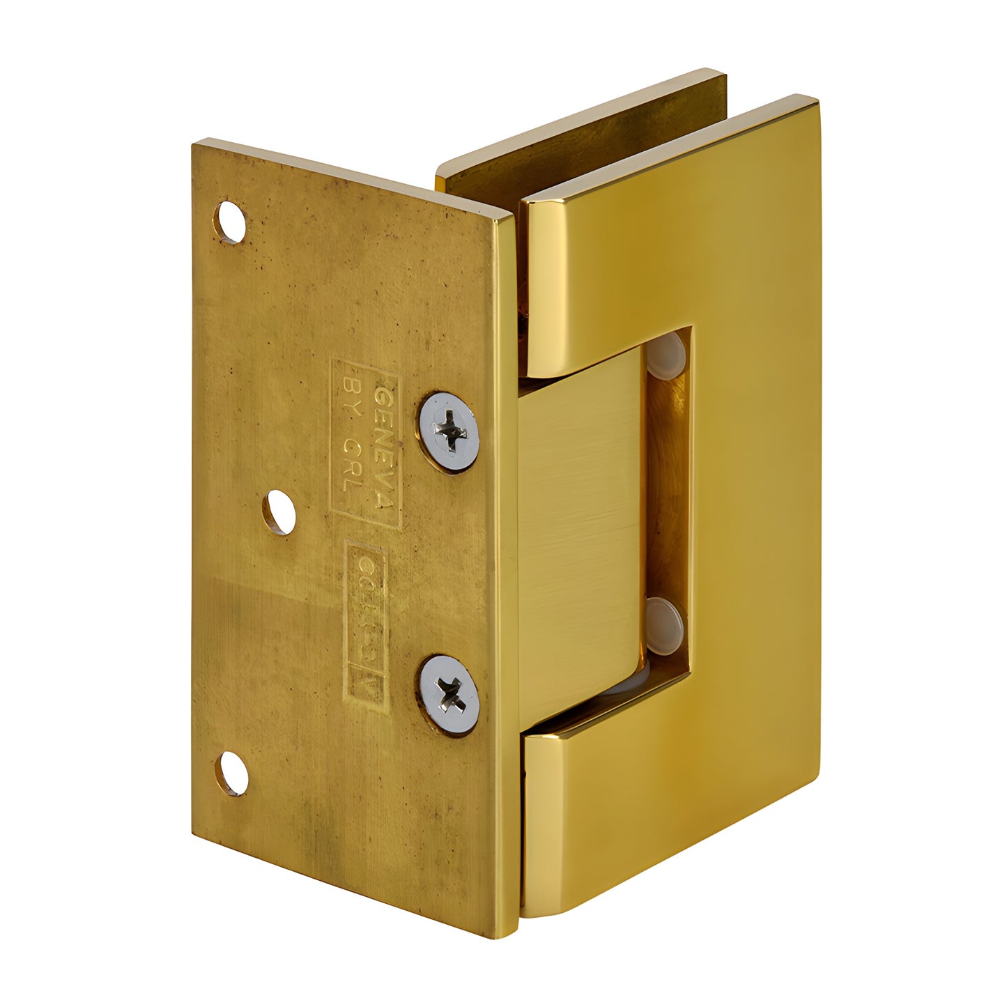 Polished brass Geneva shower door hinge (GEN044BR), wall-mount offset back plate for 8-12mm tempered glass