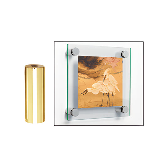 Brass 3/4" standoff base (SKU S0B342BR), polished finish, 2" length, shown mounting a glass panel with artwork.