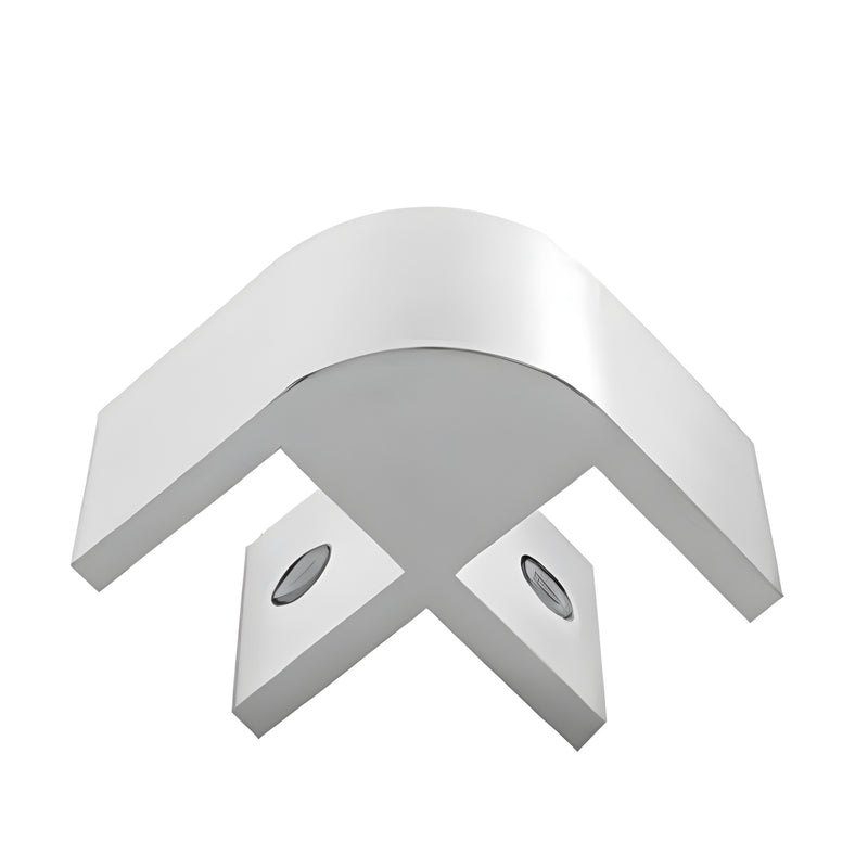 Chrome anodized aluminum 90 glass corner connector (SKU E212A) for 1/2" (12mm) glass, satin finish, nylon-tipped set screws