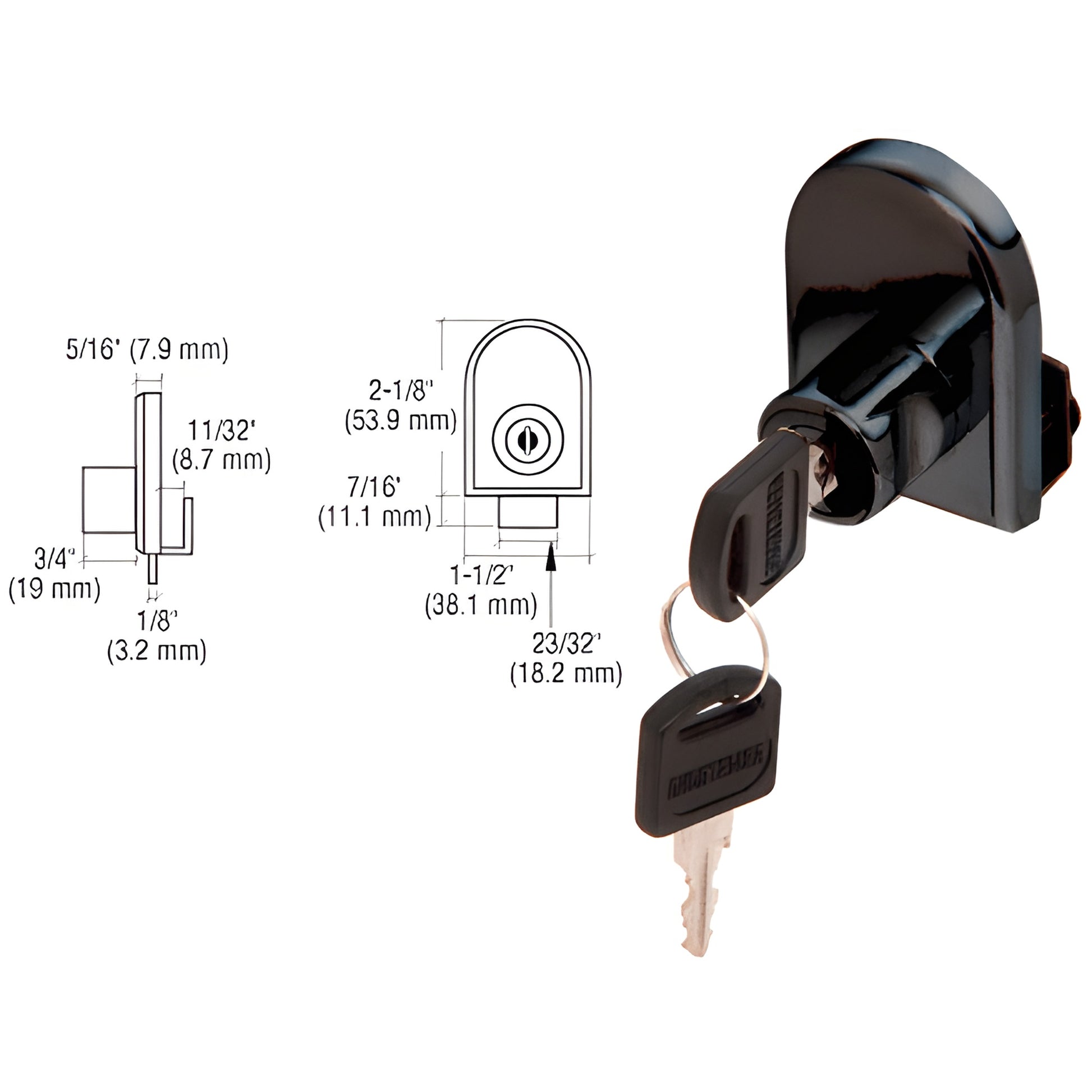 Gloss black steel cabinet glass door lock (SKU LK12) with two keys, no-drill mount, fits up to 1/4" (6mm) glass.