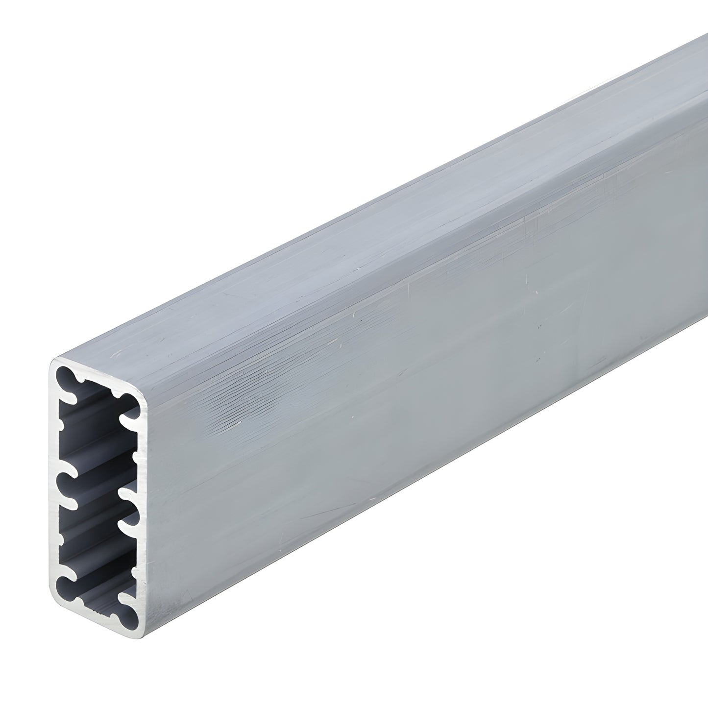 HPT241M: mill finish 6005 T5 aluminum rectangular post extrusion, 2 3/8" x 1 1/8", hollow profile, 20' stock length.