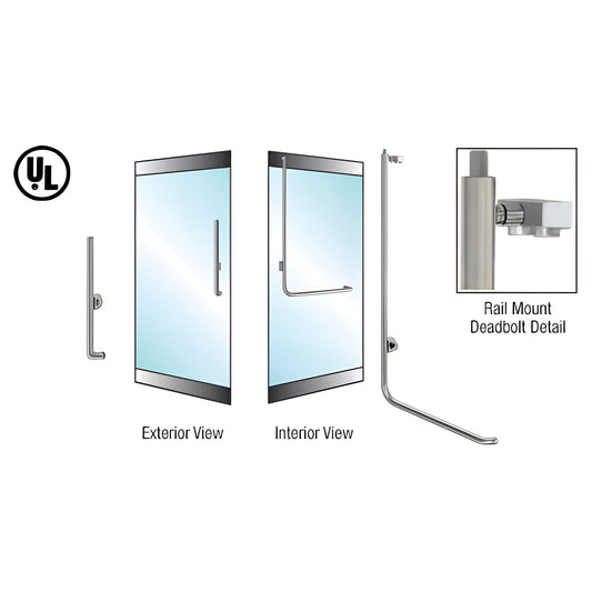 DB100H4R1BS brushed stainless rail-mount deadbolt handle for 1/2 in glass doors, 1-1/4 in diameter, left-hand reverse.