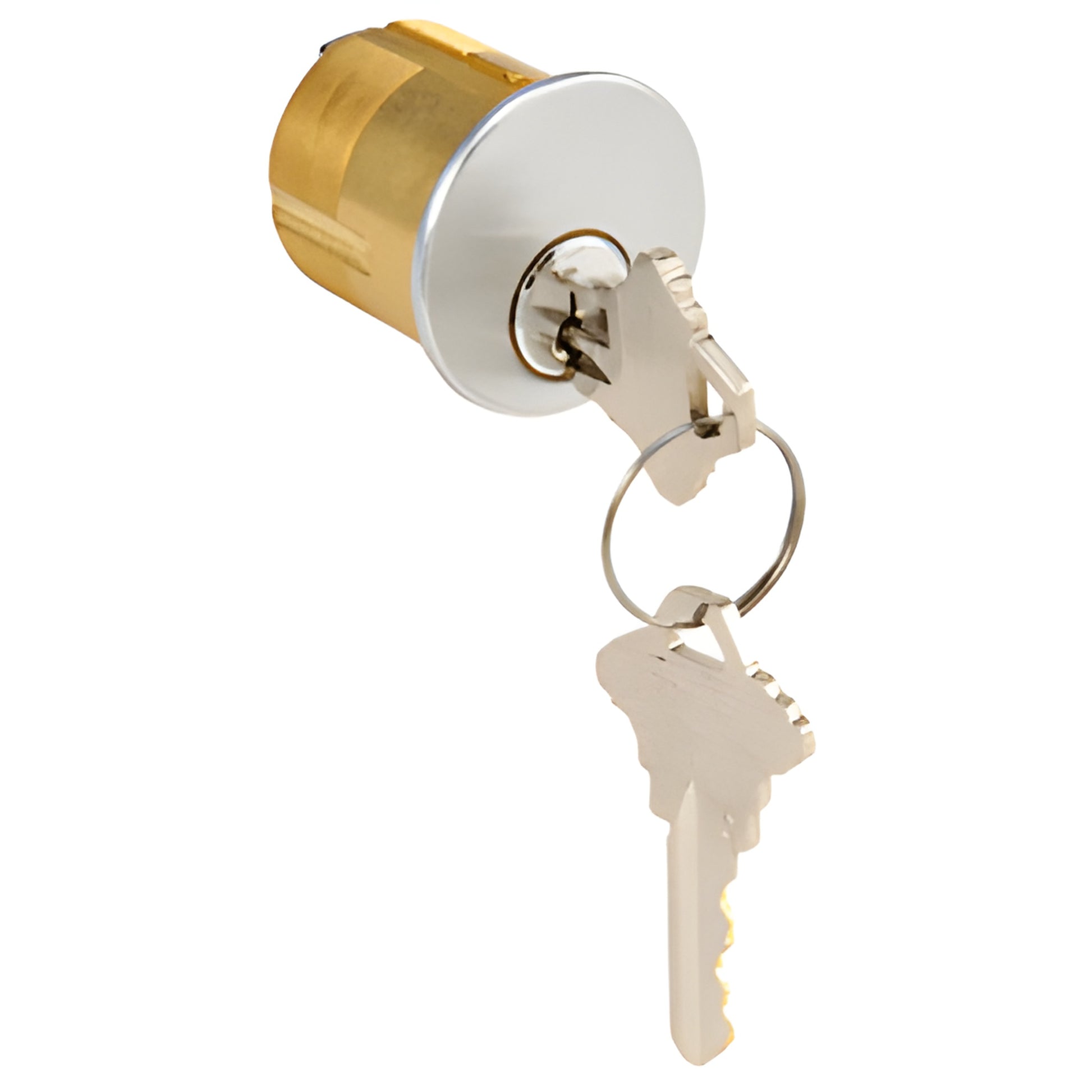 Brass single mortise 5-pin cylinder (1-1/4") with satin chrome face, Schlage C keyway, two keys on ring - SKU DC7205SCKDSC