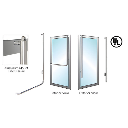 PA100LS3AKBS tubular brushed stainless panic handle for 1/2-3/4" tempered glass doors; interior push bar, exterior fixed pull