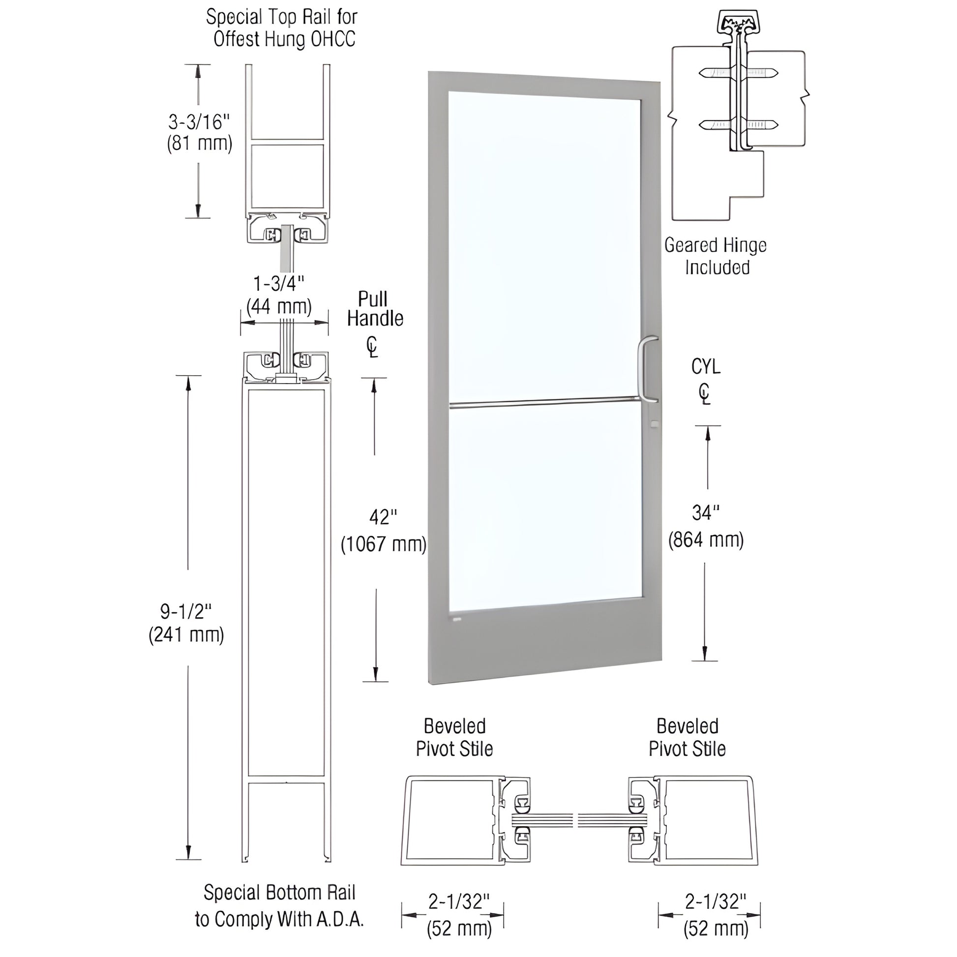 Clear anodized narrow-stile commercial glass door 36x84 with 9.5" ADA bottom rail, geared hinge and push/pull lock hardware.