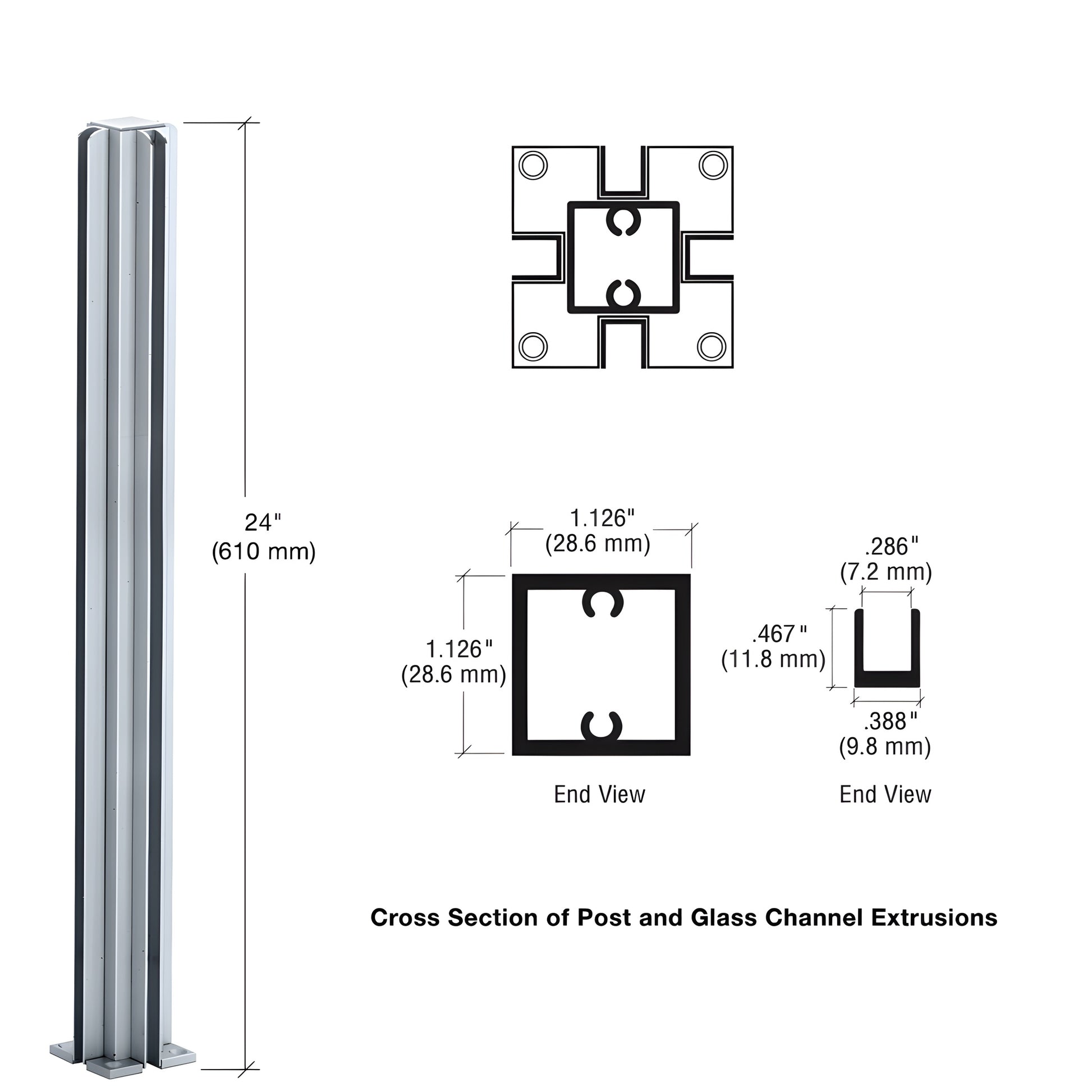D990A244W satin anodized aluminum 4-way 24in square partition post with U-channels for 1/4" glass