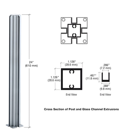 D990A244W satin anodized aluminum 4-way 24in square partition post with U-channels for 1/4" glass