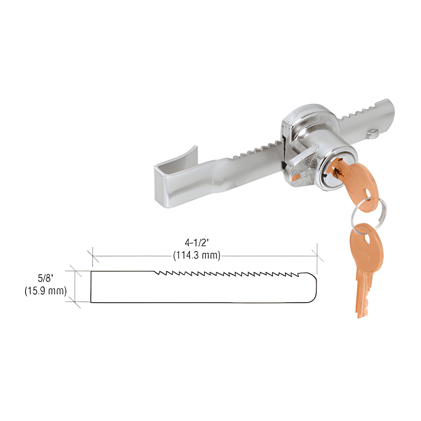 CRL 963L chrome tamper-proof sliding glass door lock for 1/4" (6mm) glass with serrated anti-spread bar and keys.