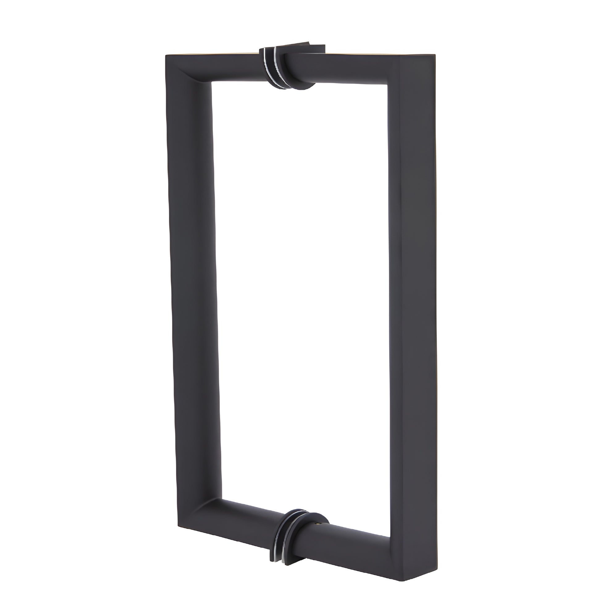 RM8X8MBL matte black rectangular back-to-back glass pull handle, beveled outer square, round interior grip, 8 in. c c.