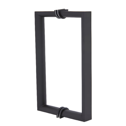 RM8X8MBL matte black rectangular back-to-back glass pull handle, beveled outer square, round interior grip, 8 in. c c.