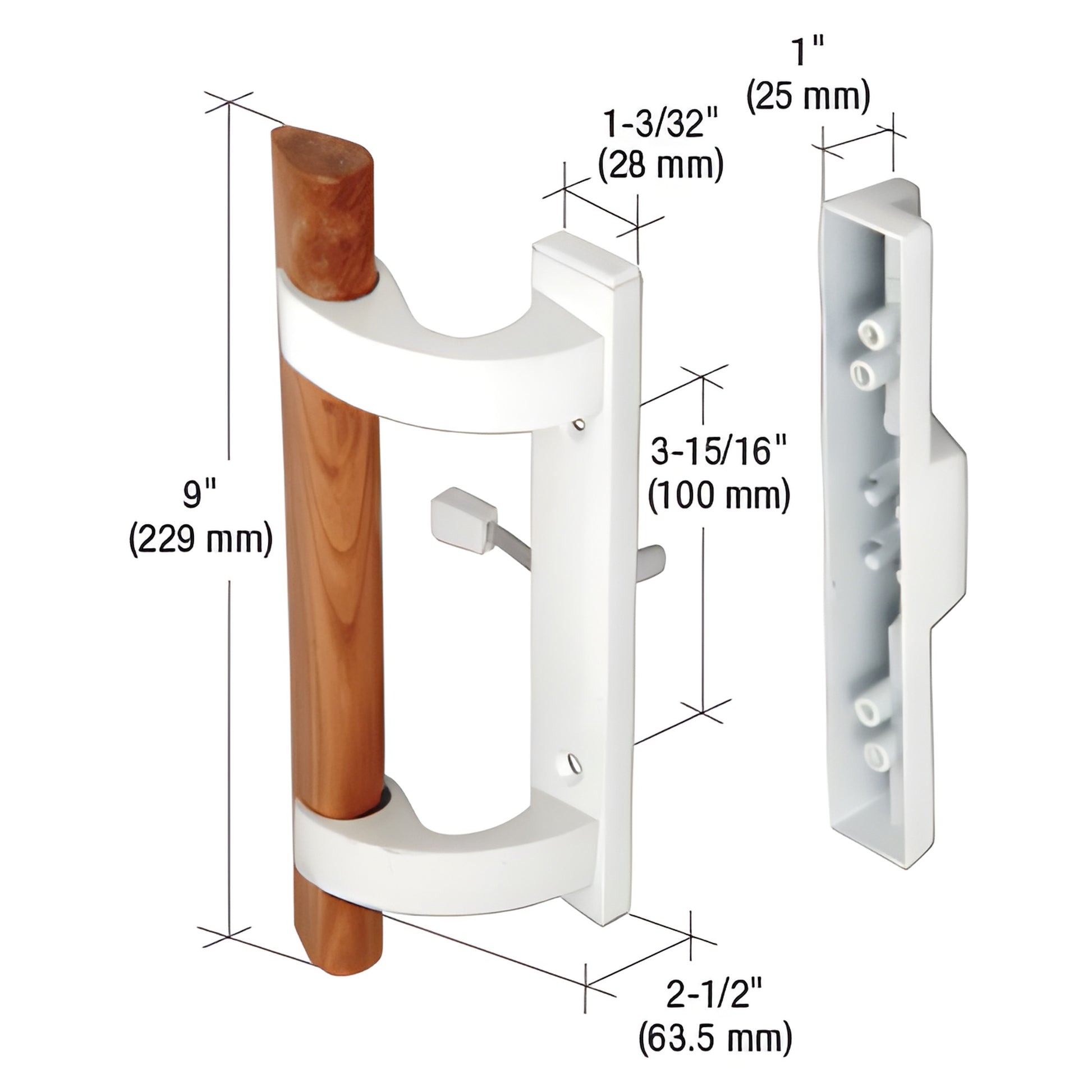 CRL C1128 white mortise handle set with 9" hardwood pull and aluminum housing, diecast outside pull, dimensions shown