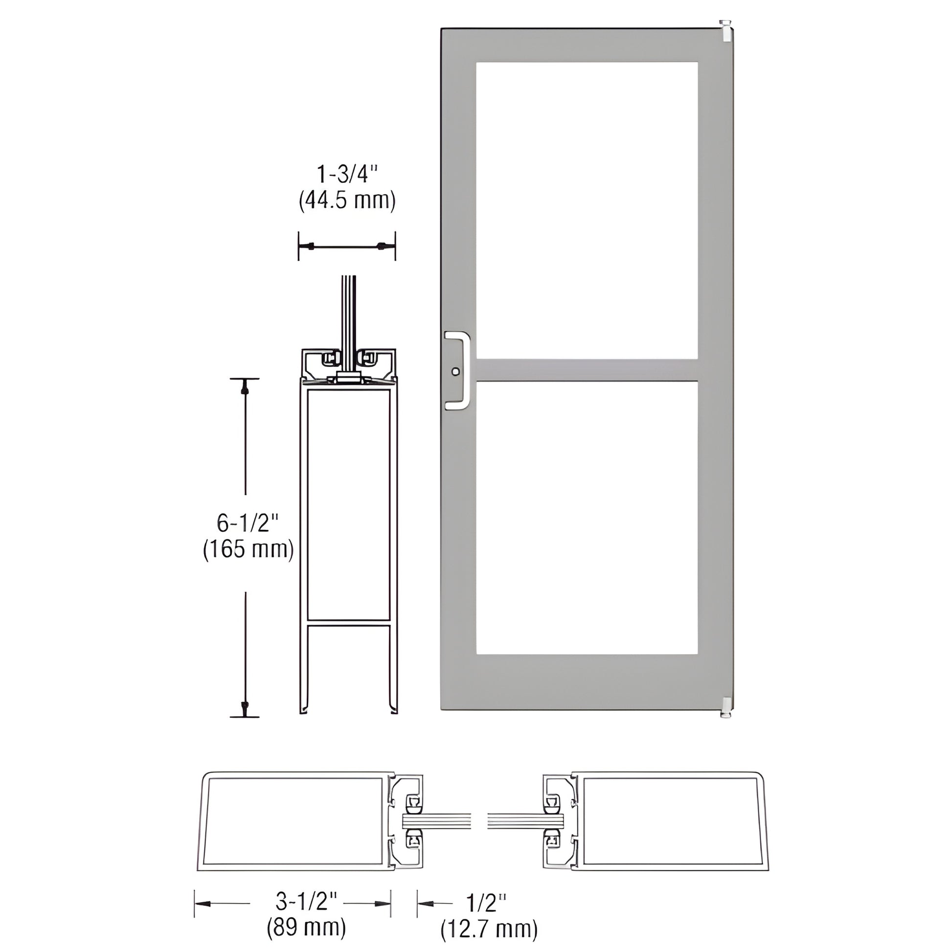 CRL DZ41211L036 clear anodized offset-pivot commercial glass entrance door, 3-1/2" stiles and 6-1/2" bottom rail.