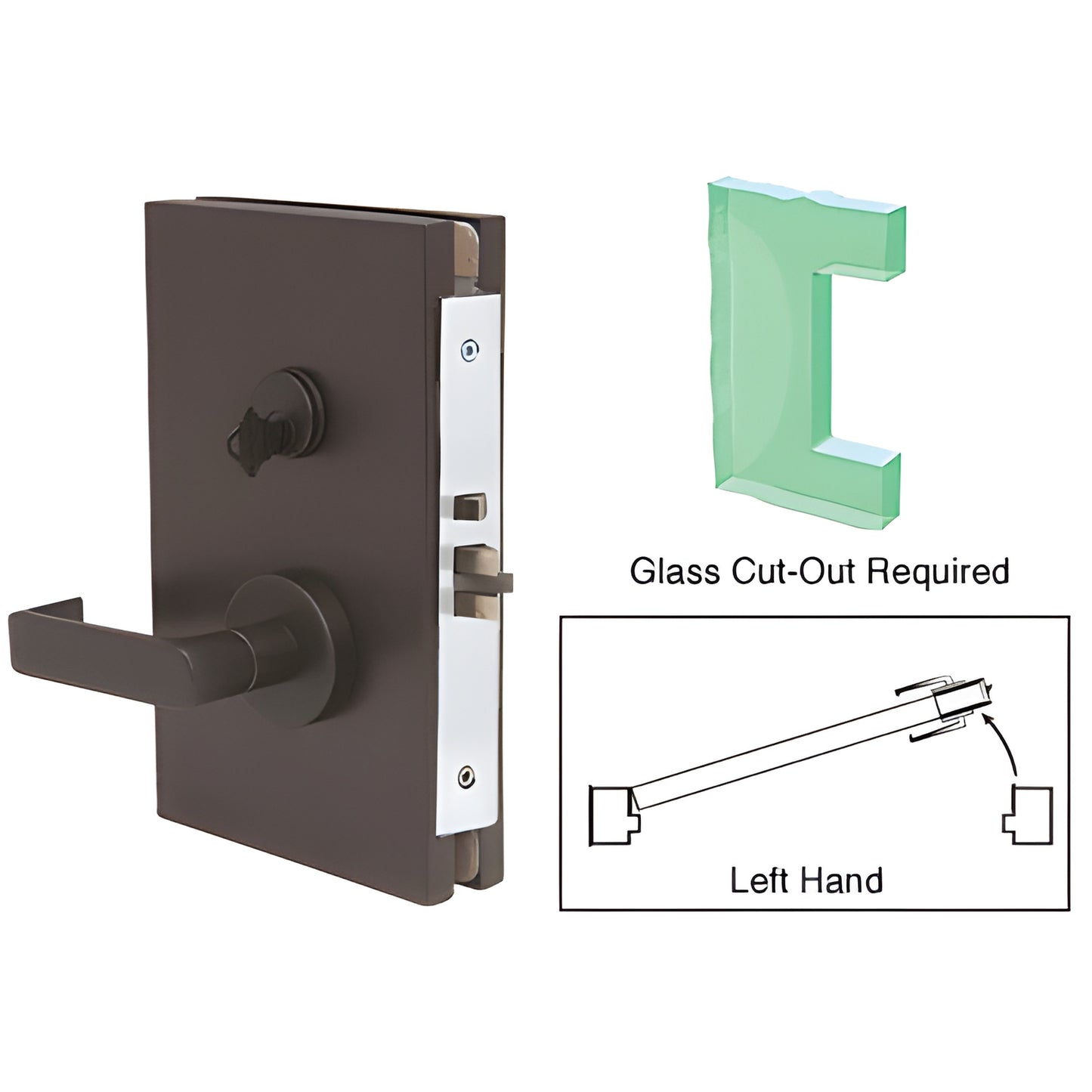 DL610LSDU black bronze center lock for 1/2" glass, left-hand 6x10 deadlatch lever lock (glass cut-out required)
