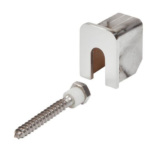 Polished stainless steel stabilizing end cap (GRL10SECPS) with lag screw and nylon spacer for 11-gauge glass cap railing