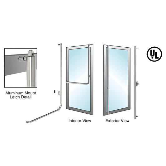 Brushed stainless tubular panic handle for 1/2"-3/4" glass doors; interior push bar and exterior fixed handle.
