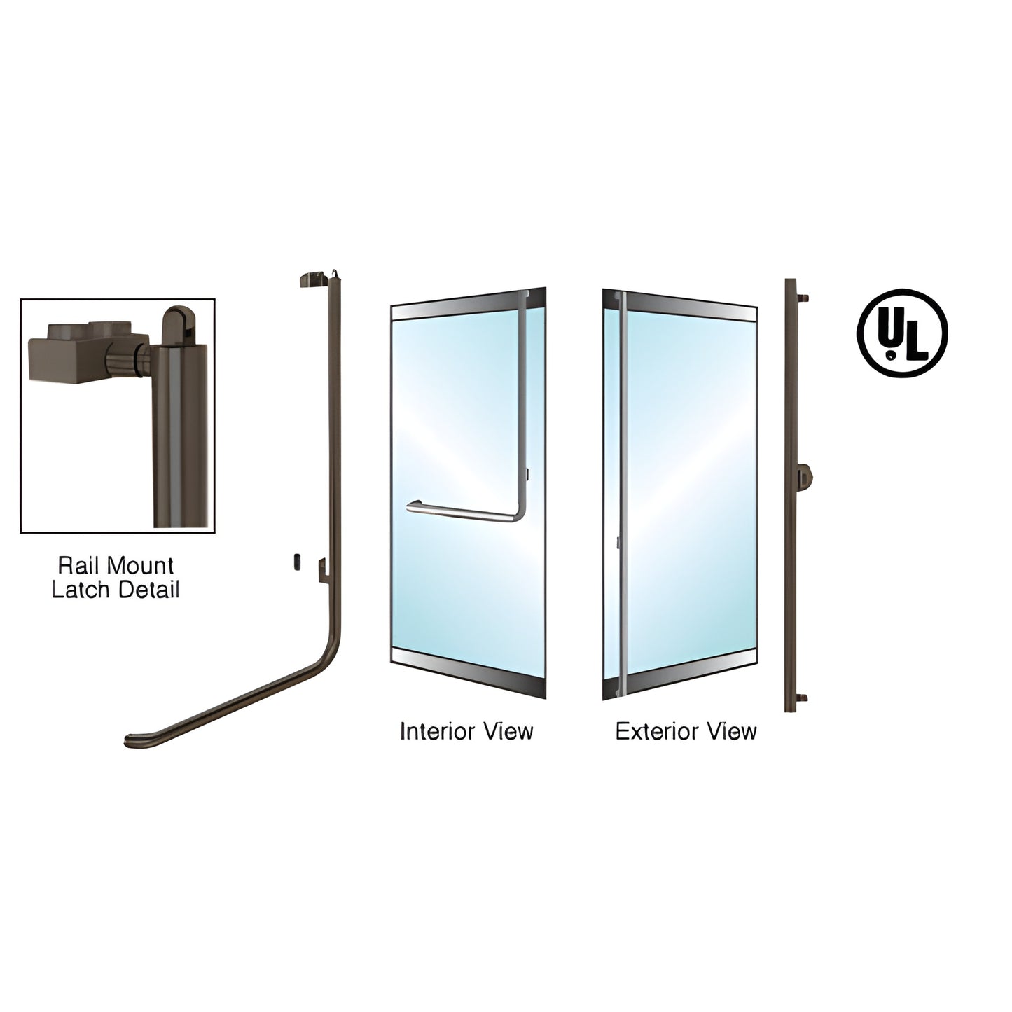 Oil-rubbed bronze panic handle (PA100F3LK0RB) for 1/2-3/4" glass doors, low-profile rail mount, interior and exterior views.