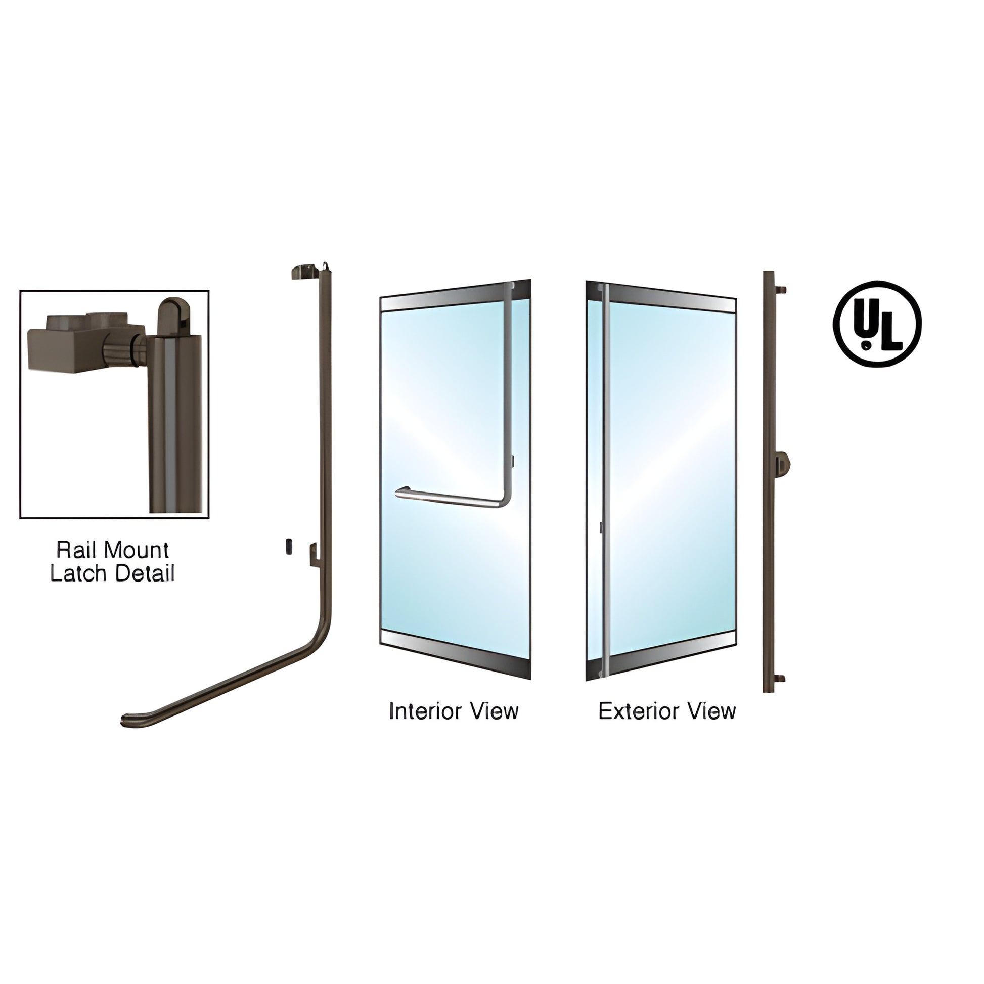 Oil-rubbed bronze panic handle (PA100F3LK0RB) for 1/2-3/4" glass doors, low-profile rail mount, interior and exterior views.