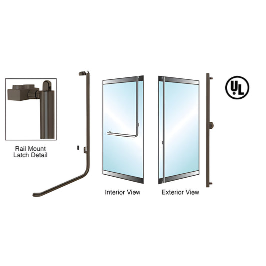 Oil-rubbed bronze panic handle (PA100F3LK0RB) for 1/2-3/4" glass doors, low-profile rail mount, interior and exterior views.