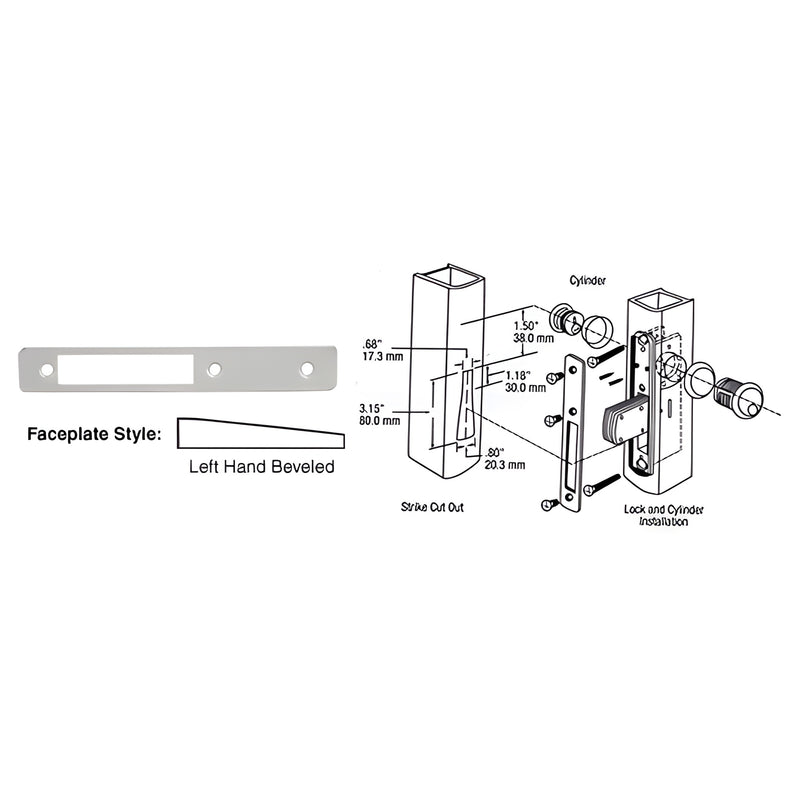 DL2114A aluminum left-hand beveled deadlock faceplate, 1" x 6-7/8", shown with installation diagram.