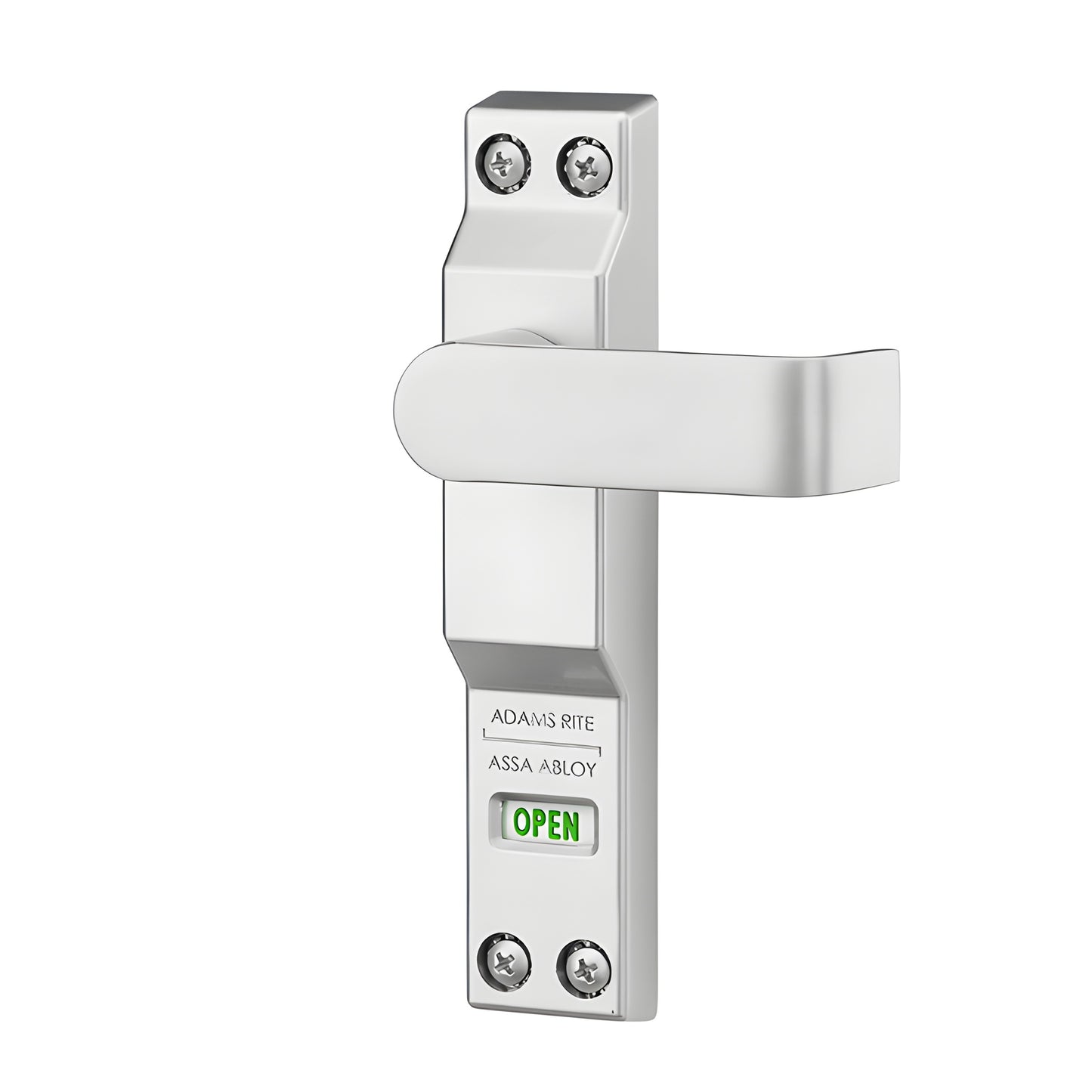 Adams Rite DH4550L628 left-hand clear-anodized aluminum deadlock lever, 3" lever, green "OPEN" indicator.