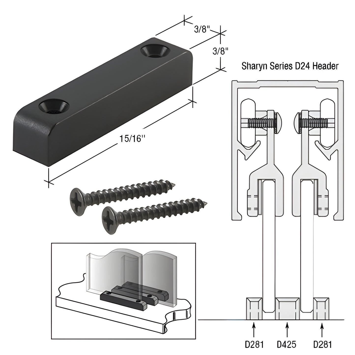 CRL D425 black nylon lower guide with two screws for Sharyn sliding transaction windows, prevents panel lift-out.