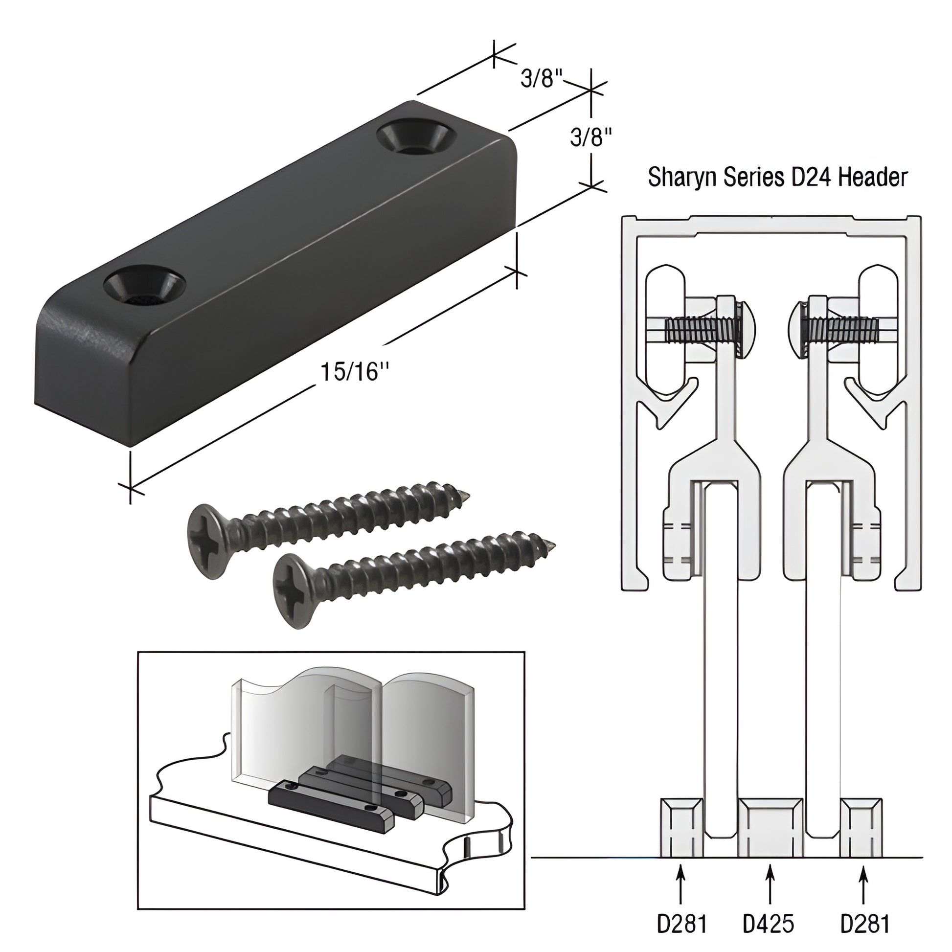 CRL D425 black nylon lower guide with two screws for Sharyn sliding transaction windows, prevents panel lift-out.