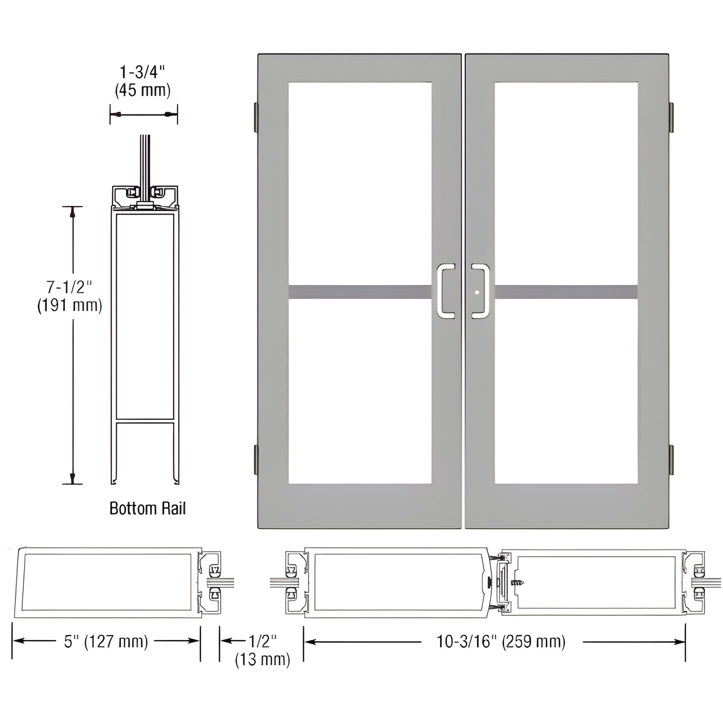 Double custom wide-stile entrance door, clear anodized finish, 5" stiles, 7-1/2" bottom rail, 1/4" glass - SKU HZ52511