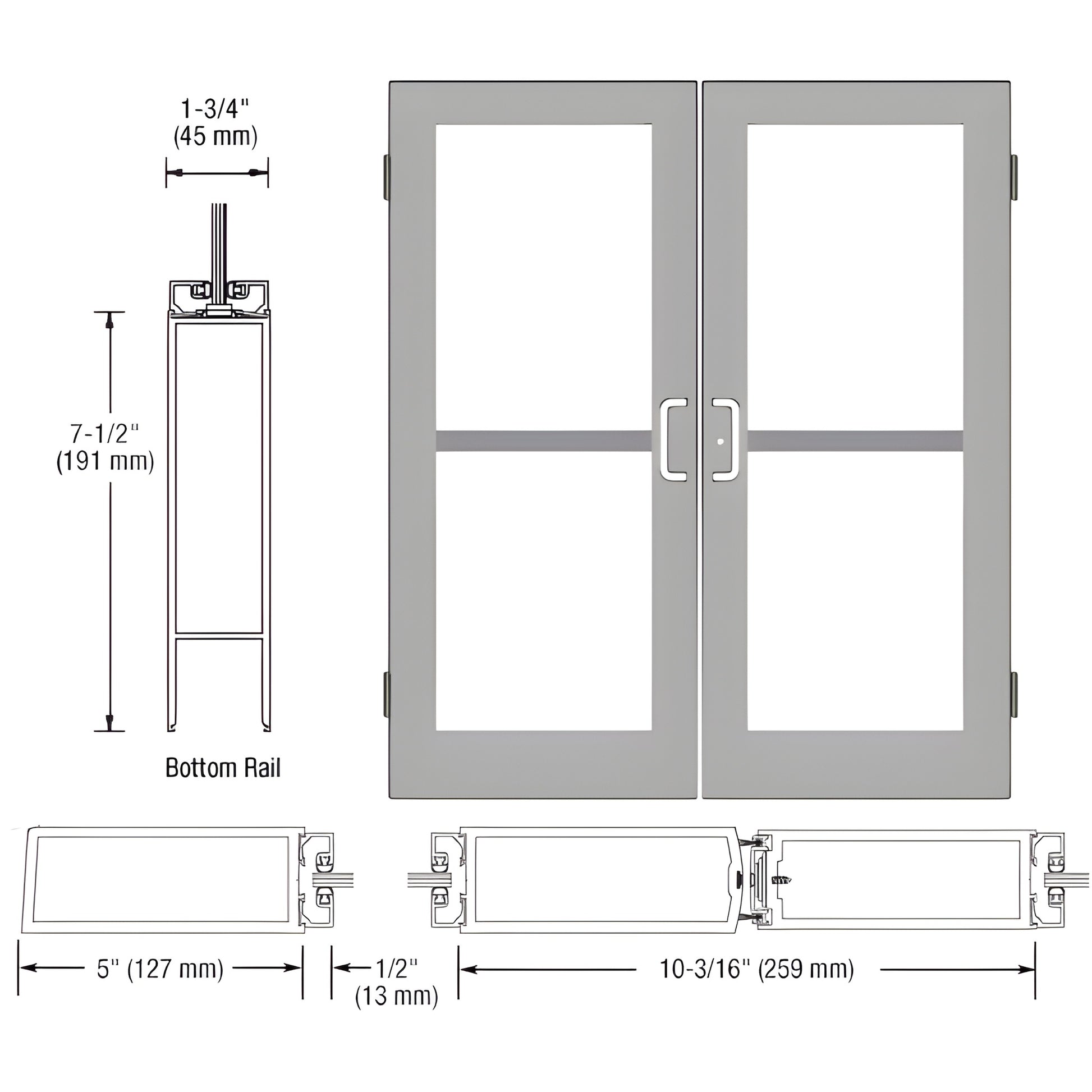 Double custom wide-stile entrance door, clear anodized finish, 5" stiles, 7-1/2" bottom rail, 1/4" glass - SKU HZ52511