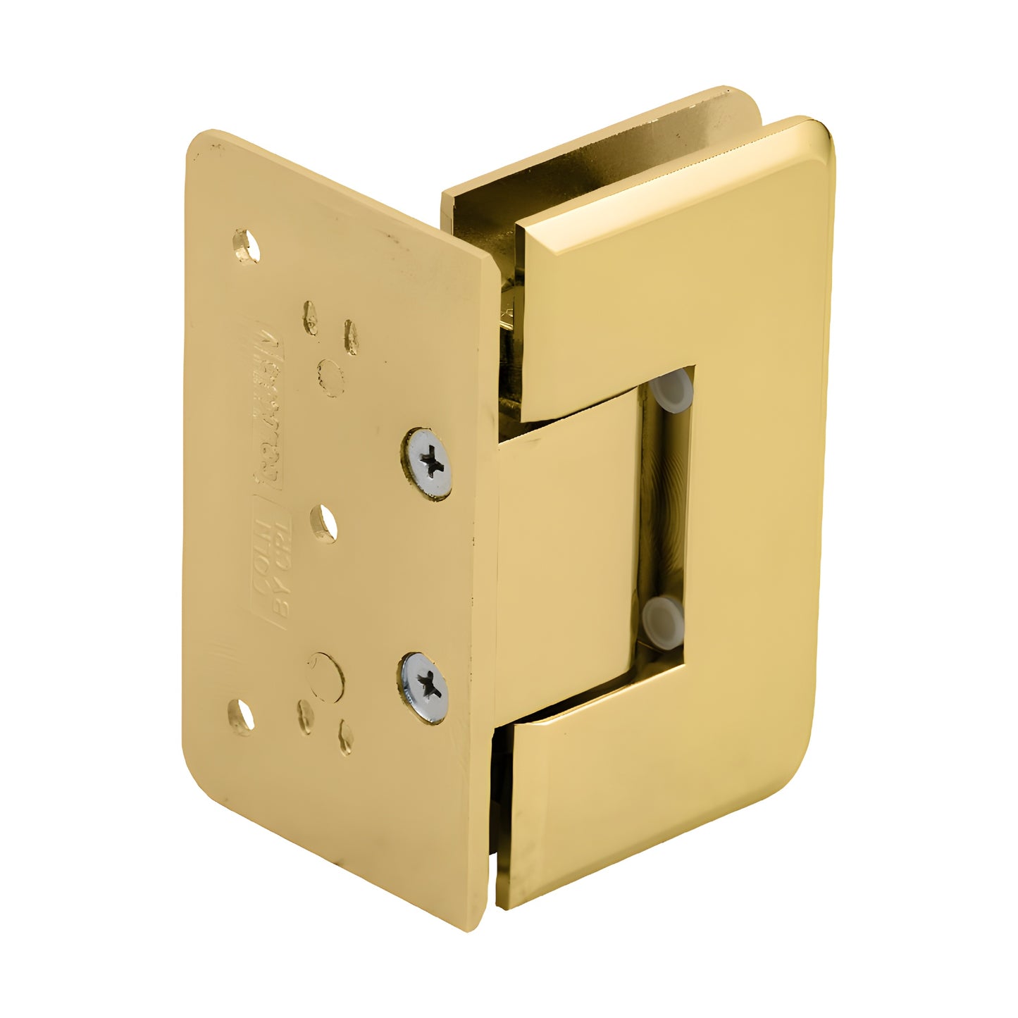 Polished brass Cologne glass shower hinge, beveled offset wall-mount for 10-12mm glass (SKU C0L044BR)