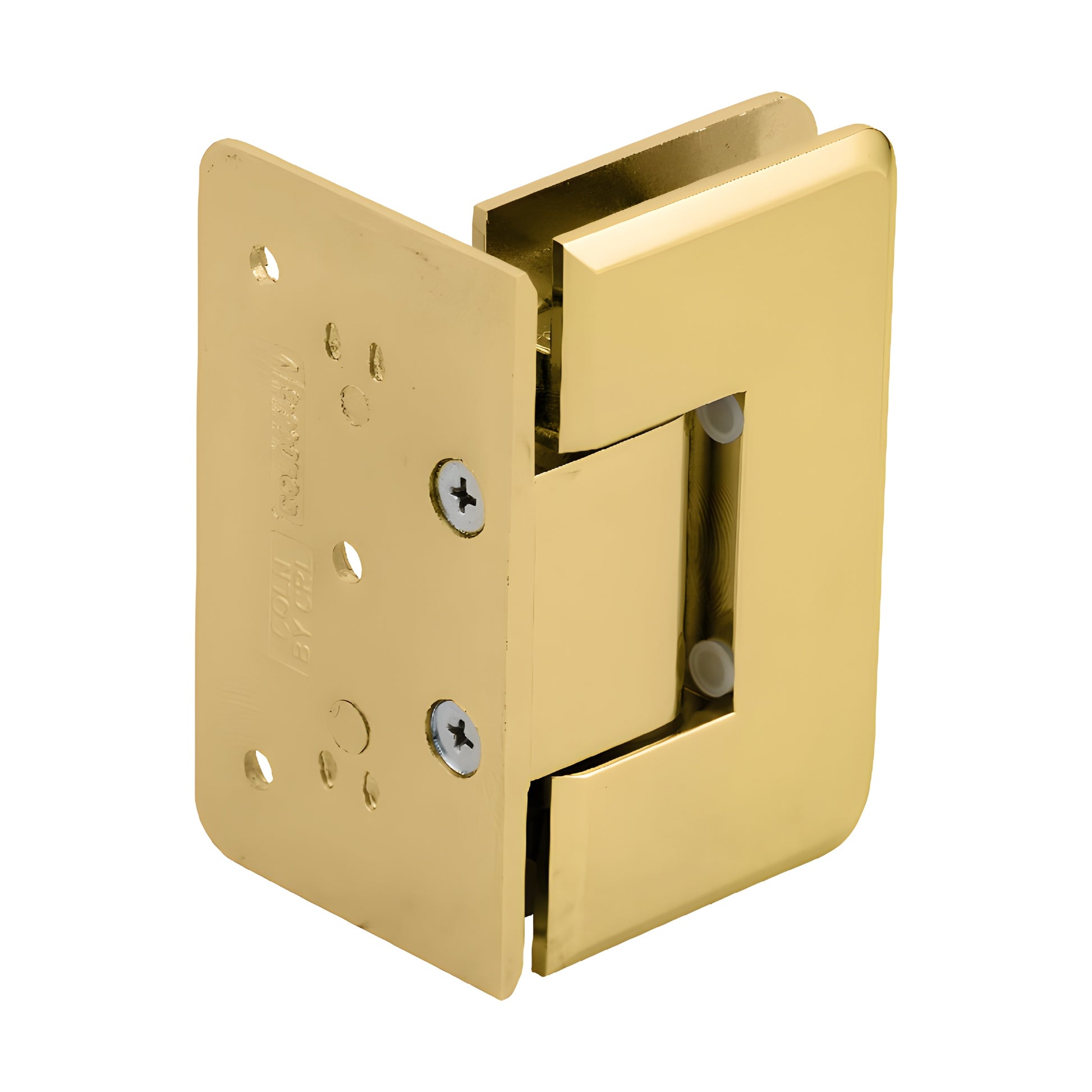 Polished brass Cologne glass shower hinge, beveled offset wall-mount for 10-12mm glass (SKU C0L044BR)