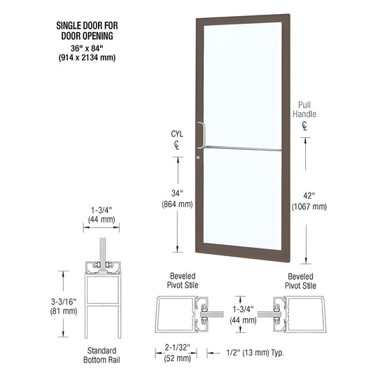 DC21822 narrow stile commercial entrance door, black bronze anodized frame with glass, 36 x 84 in, ADA-ready details