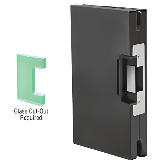 Matte black 6x10 center lock glass keeper for 1/2" (12mm) tempered glass, 24V electric strike. SKU DLEL610MBL