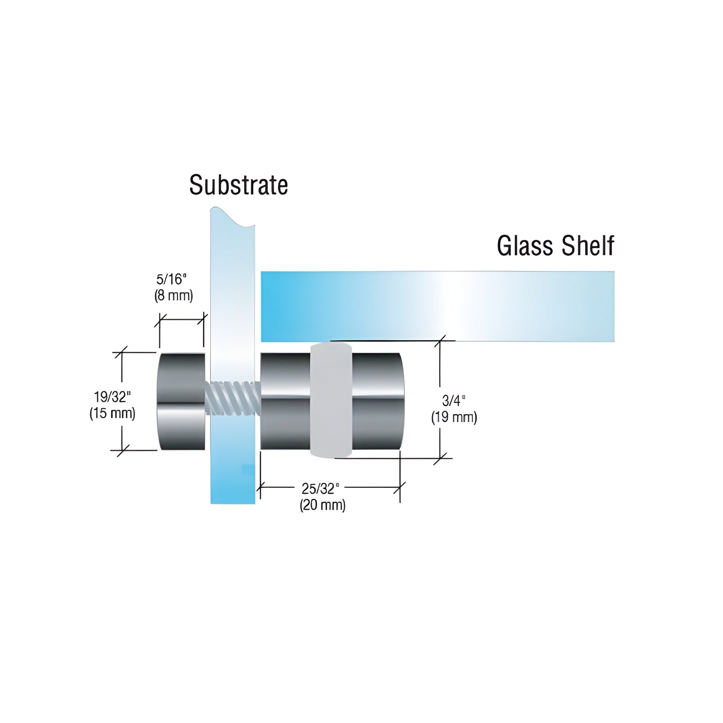 GSR600BR polished brass through-glass shelf rest with 1/4-20 threaded rod and white spacer, for 1/4" tempered glass.