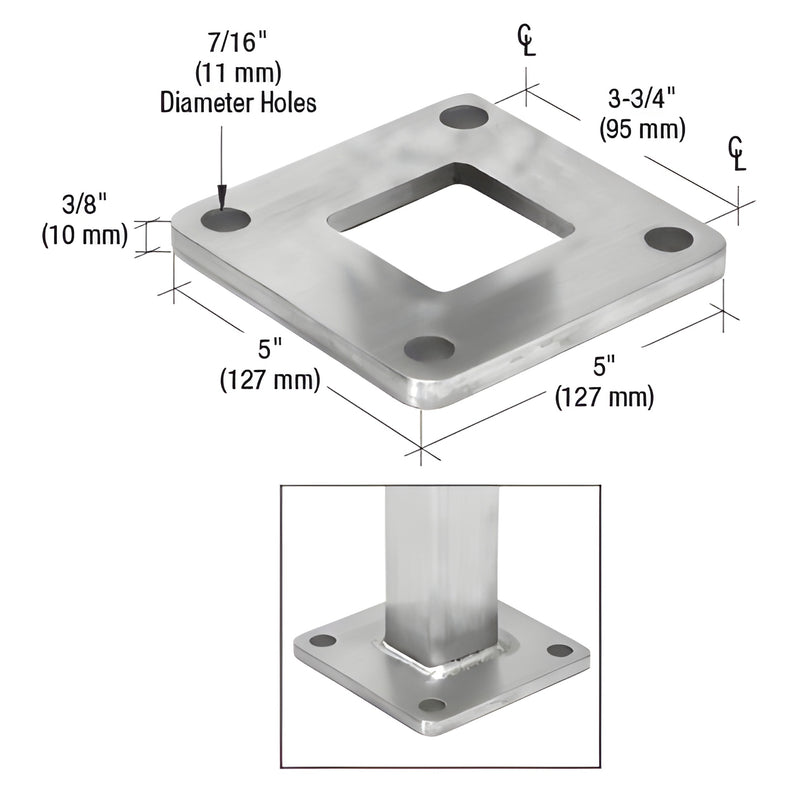 PRS2CS stainless weld-on 5x5 in base flange for 2 in square tube, mill finish, four 7/16 in holes, fits 3/8 in anchors.