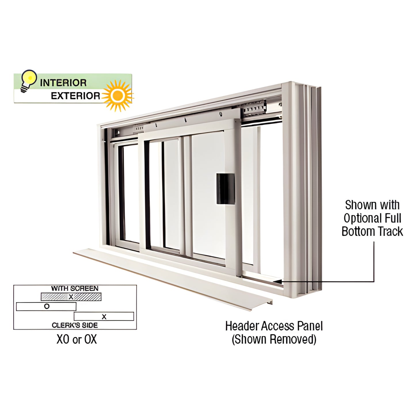 DW2000A two-panel satin-anodized sliding service window (one fixed, one sliding), header access panel removed, optional botto