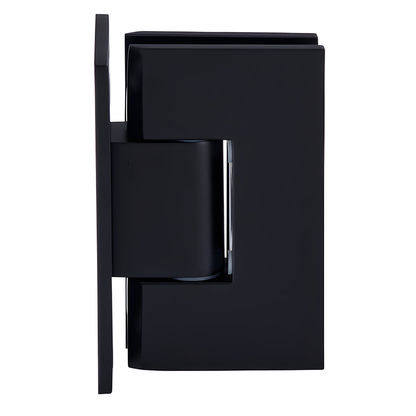 Matte black Vienna adjustable shower door hinge for 10-12mm glass, wall mount (SKU V1E337MBL)