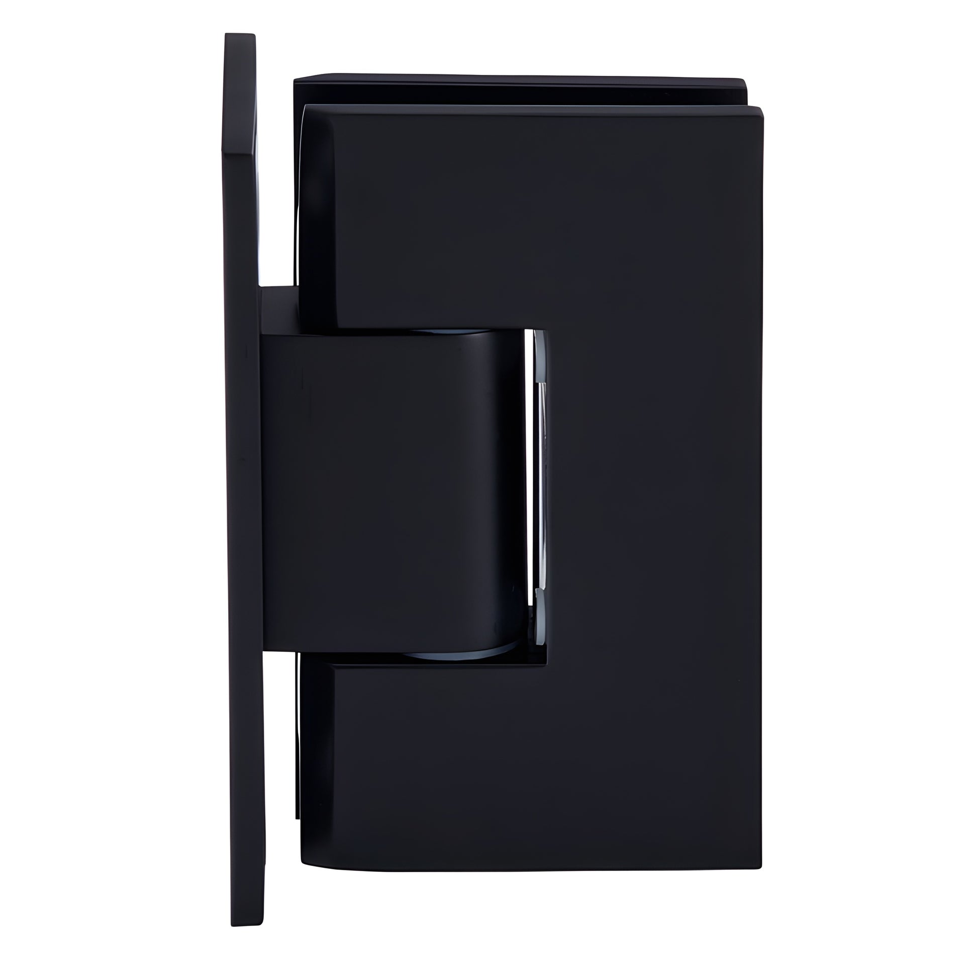 Matte black Vienna adjustable shower door hinge for 10-12mm glass, wall mount (SKU V1E337MBL)