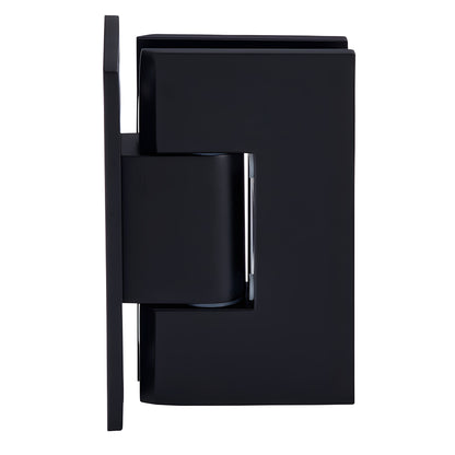 Matte black Vienna adjustable shower door hinge for 10-12mm glass, wall mount (SKU V1E337MBL)