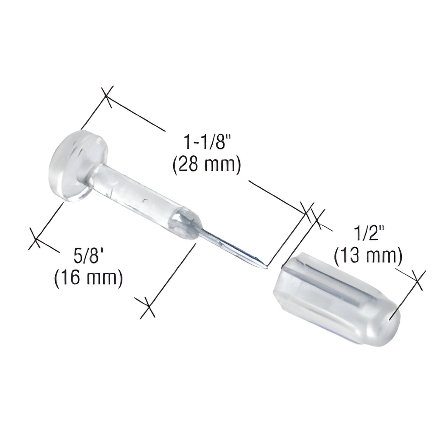 Clear polycarbonate window grid retainer pin with zinc-plated metal pin, caps 1/2" & 1-1/8" (SKU L5775), pack of 6