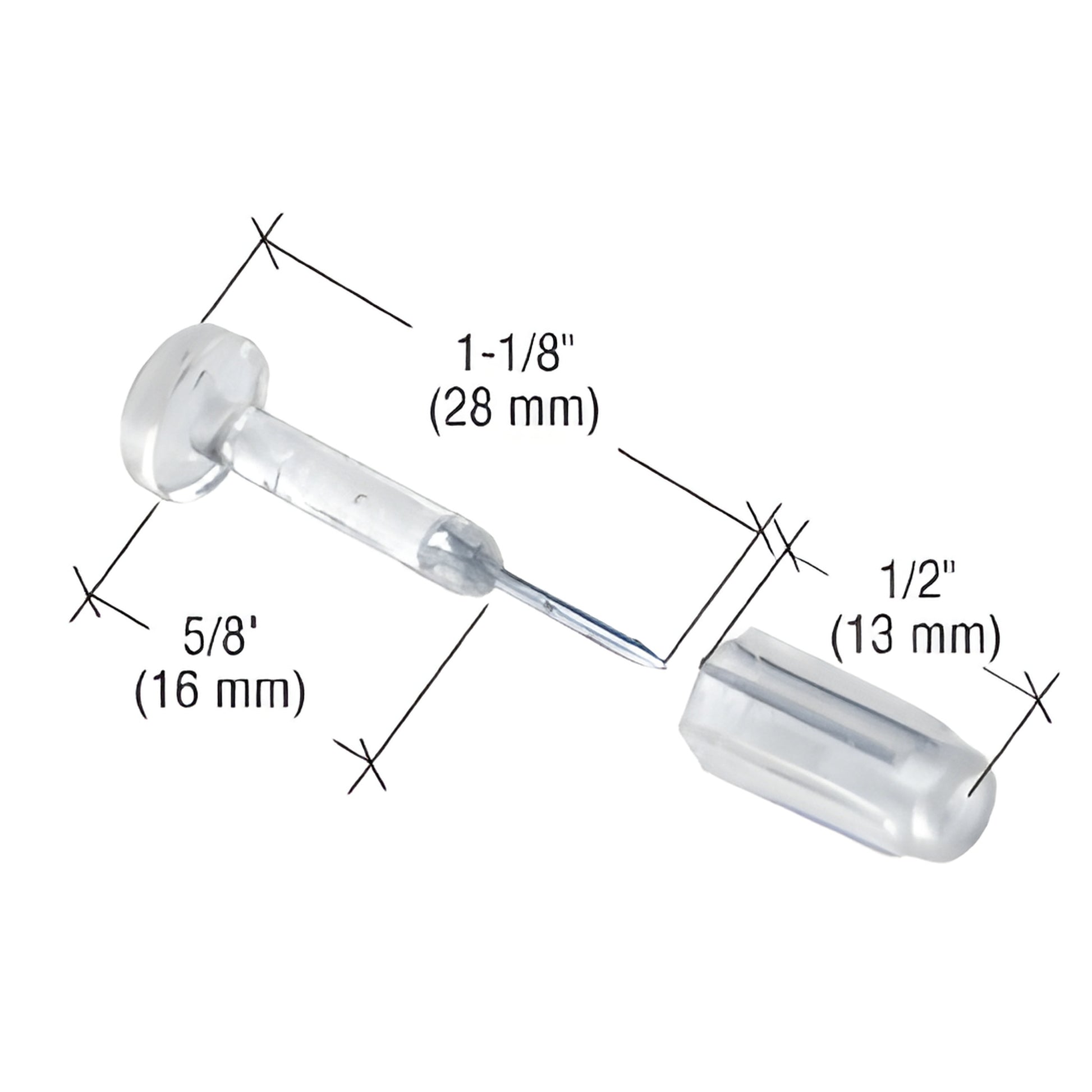 Clear polycarbonate window grid retainer pin with zinc-plated metal pin, caps 1/2" & 1-1/8" (SKU L5775), pack of 6