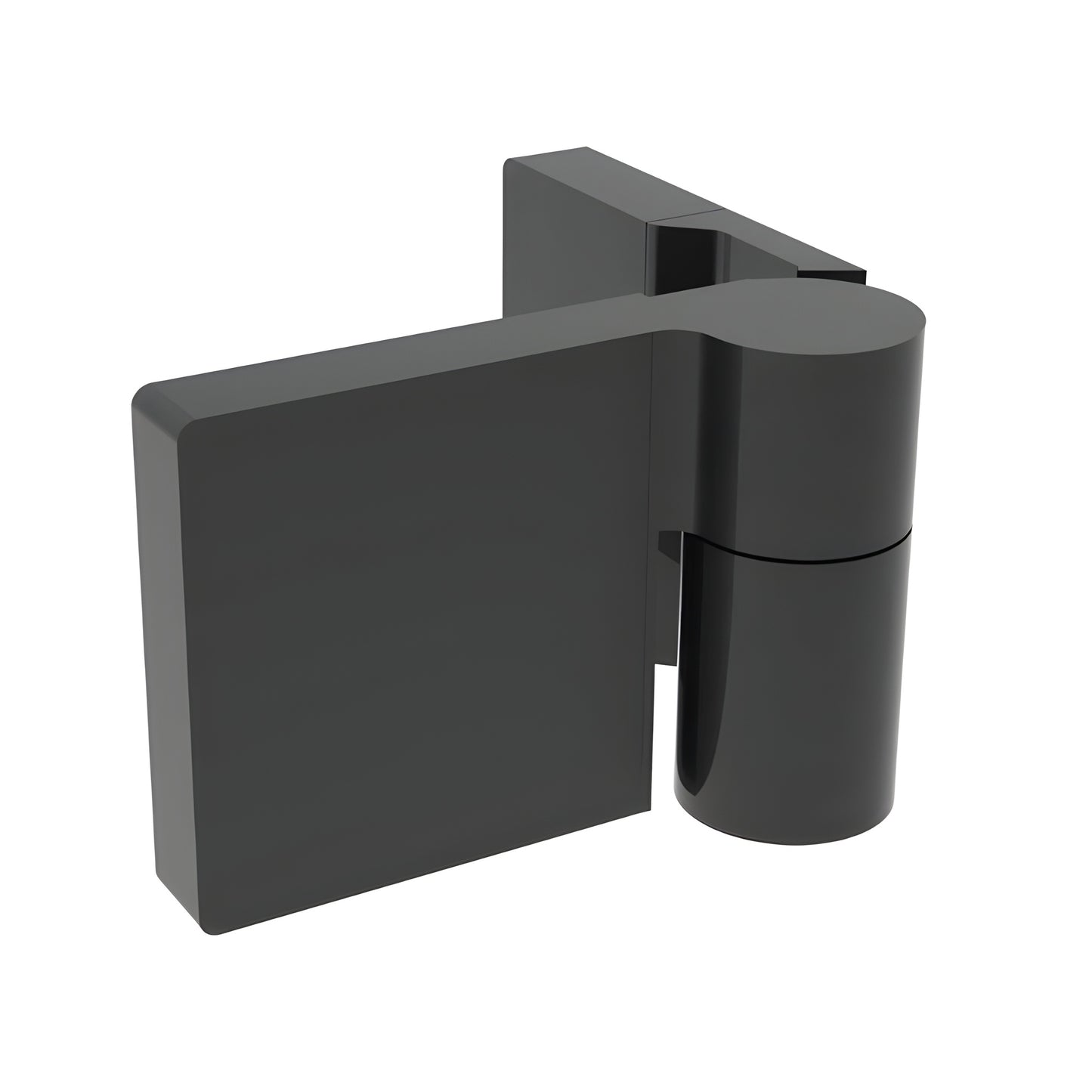 Matte black Lugano glass shower hinge (LUG044RMBL), concealed brass swing hinge for 8-10mm glass, left-hand.