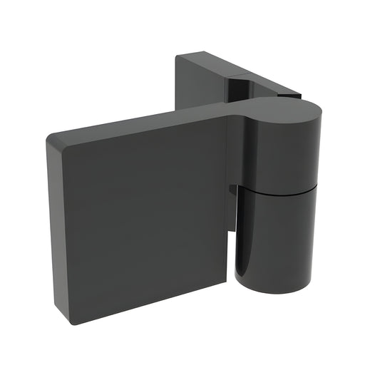 Matte black Lugano glass shower hinge (LUG044RMBL), concealed brass swing hinge for 8-10mm glass, left-hand.
